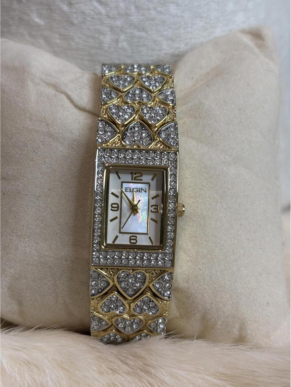 Elgin Women's Gold-Tone Heart Pattern Crystal Bracelet Watch